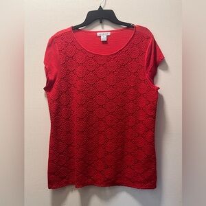 Liz Claiborne Lacy Overlay Classic Stylish Cap Sleeve T-Shirt, Sz XL, Red